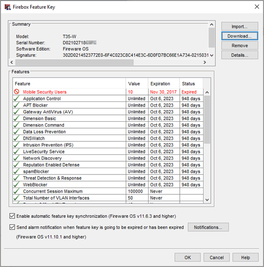 Screen shot of the Firebox Feature Key dialog box with a feature key added