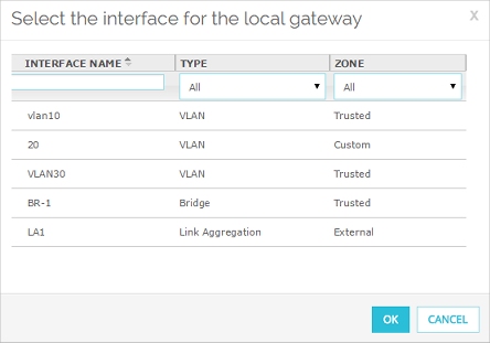 Capture d'écran de la boîte de dialogue Sélectionnez l'interface de la passerelle locale