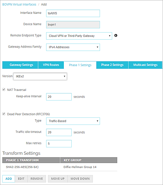 Capture d'écran des paramètres de Phase 1 pour une interface virtuelle BOVPN