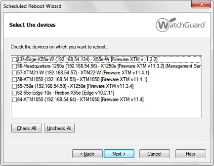 Capture d'écran de Scheduled Reboot Wizard, page Sélectionner les périphériques