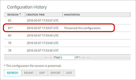 Capture d'écran de la liste Historique de Configuration avec une révision préservée et une annotation