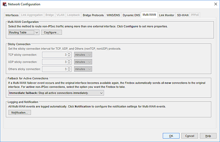 Configuration du Réseau - onglet Multi-WAN, méthode Table de Routage sélectionnée