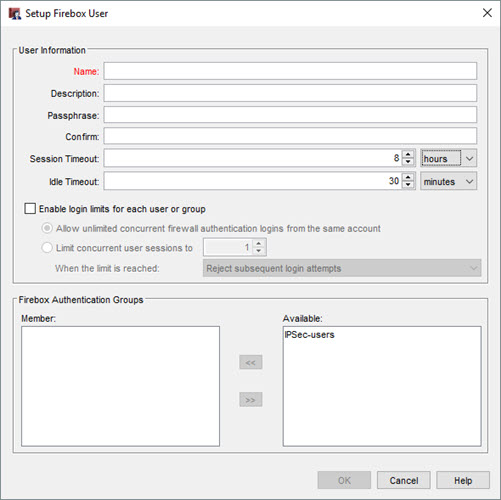 Capture d'écran de la boîte de dialogue Configuration d'utilisateur Firebox