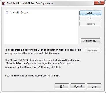 Capture d'écran de la boîte de dialogue Configuration de Mobile VPN with IPSec