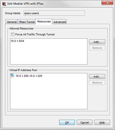 Capture d'écran de la boîte de dialogue Modification MVPN with IPSec, onglet Ressources