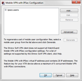 Capture d'écran de la boîte de dialogue Configuration de Mobile VPN with IPSec