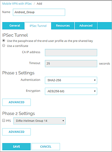 Capture d'écran des Paramètres Mobile VPN with IPSec, onglet Tunnel IPSec