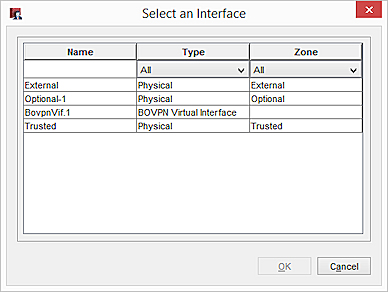 Capture d'écran de la boîte de dialogue Sélectionner une Interface