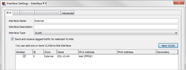 Capture d'écran de l'interface Paramètres de l'interface avec le VLAN configuré