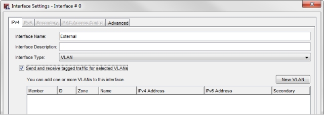 Capture d'écran de l'interface Paramètres d'interface, avec Type d'interface VLAN sélectionné