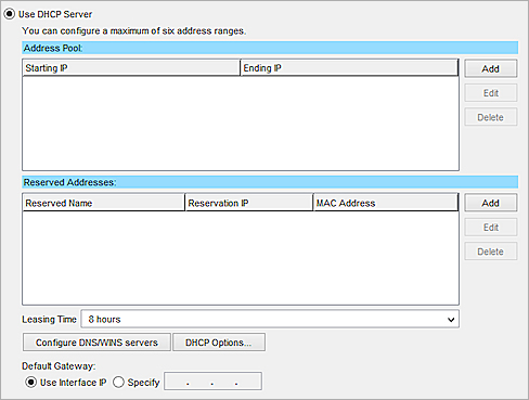 Boîte de dialogue Configuration du réseau, mode d'insertion avec DHCP