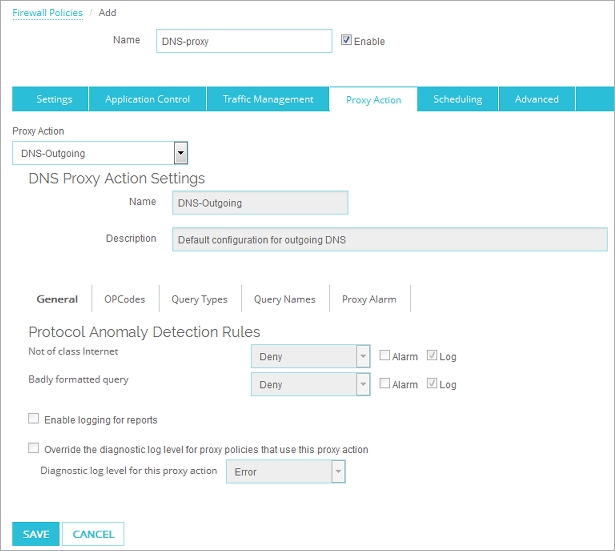 Capture d'écran de la page Action de Proxy pour le proxy DNS dans Fireware Web UI