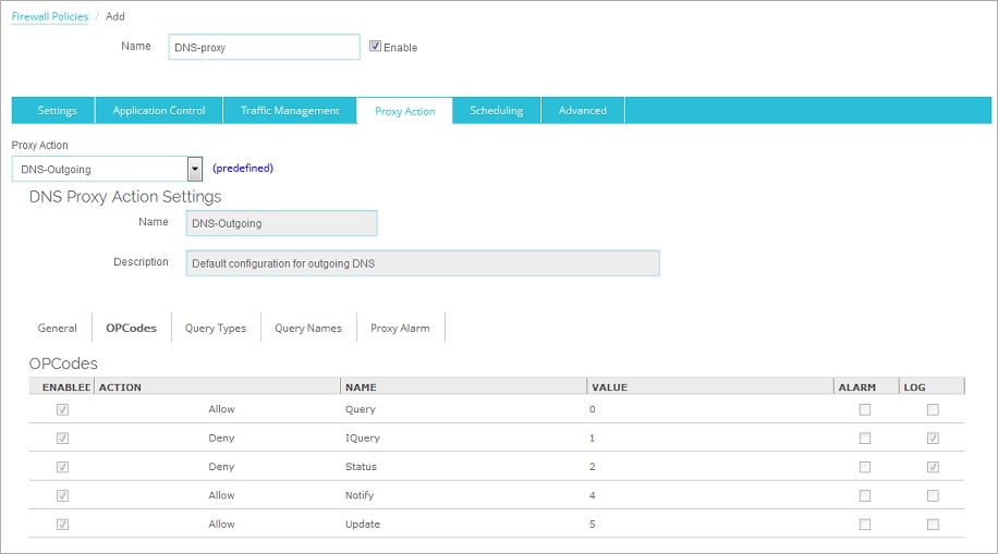 Capture d'écran de la page Action de Proxy pour l'action de proxy sortant DNS, onglet OPCodes