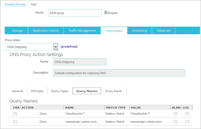 Capture d'écran des paramètres Noms de Requêtes dans Fireware Web UI