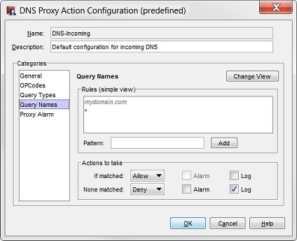 Capture d'écran de la boîte de dialogue Configuration d'une Action de Proxy DNS, page Noms de Requête dans Policy Manager