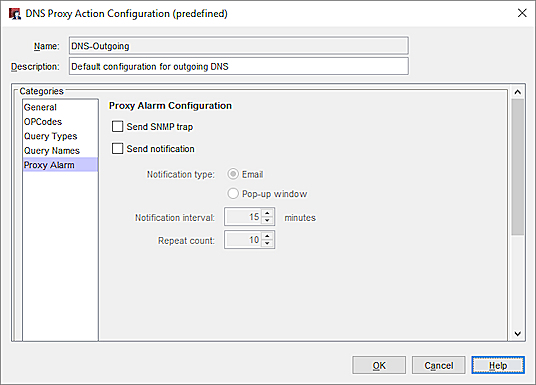 Capture d'écran des paramètres d'alarme de proxy dans Policy Manager