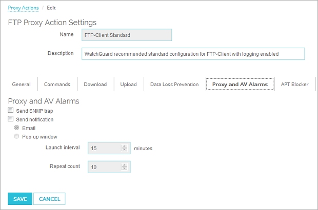 Capture d'écran de Modifier l'Action de Proxy FTP, onglet Alarmes de Proxy et d'Antivirus de Fireware Web UI