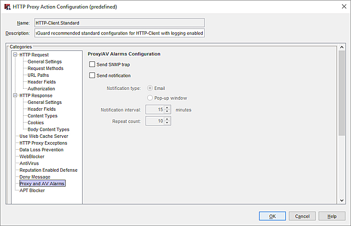 Capture d'écran des paramètres Alarmes de Proxy et d'Antivirus du Proxy HTTP dans Policy Manager