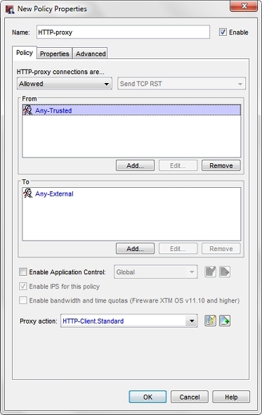 Capture d'écran de la boîte de dialogue Propriétés de la nouvelle stratégie pour le proxy HTTP