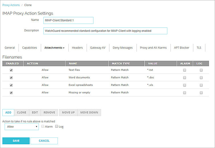 Capture d'écran des paramètres Noms des fichiers d'un proxy IMAP de Fireware Web UI