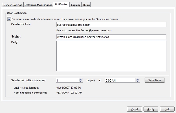 Capture d'écran de la page de Configuration de Quarantine Server, onglet Paramètres de notification d'utilisateur