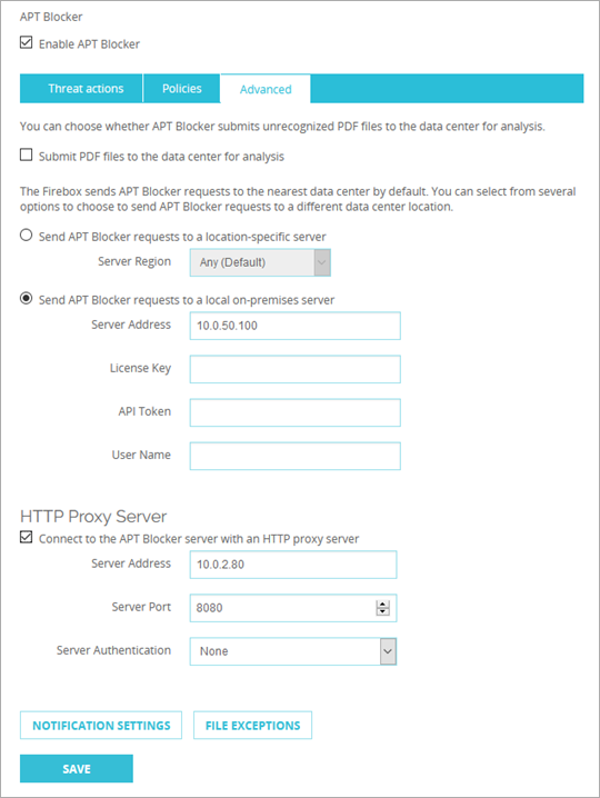 Capture d'écran du Serveur Proxy HTTP, onglet Avancé