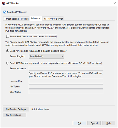 Screen shot of APT Blocker configuration - Advanced tab in Policy Manager