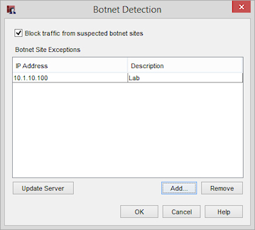 Capture d'écran de la boîte de dialogue Exceptions aux Sites de Botnets