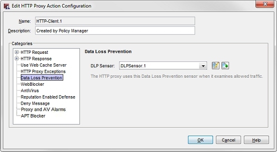 Capture d'écran de l'action de proxy Client-HTTP, paramètres Data Loss Prevention