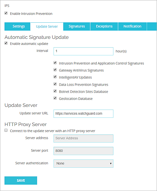 Capture d'écran de la page IPS, onglet Serveur de mise à jour