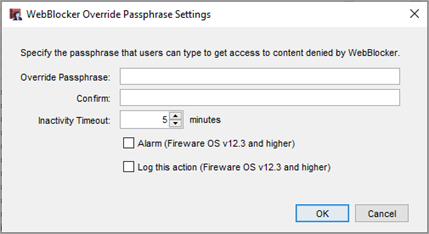 Screen shot of the WebBlocker Override Passphrase Settings dialog box