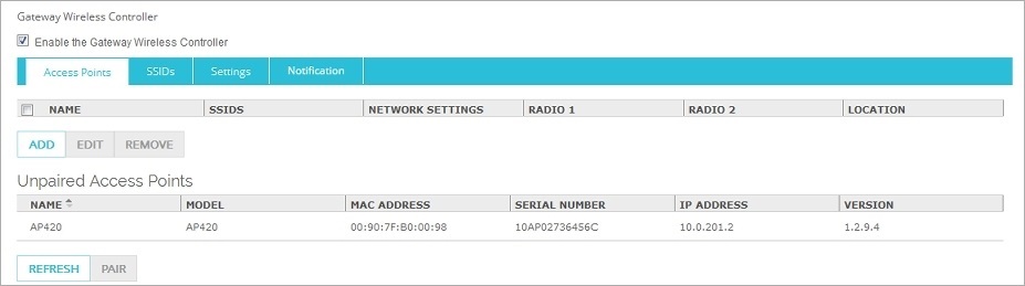 Screen shot of Gateway Wireless Controller - Access Points tab