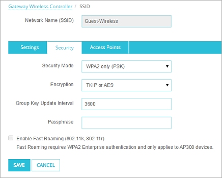 Capture d'écran de l'onglet de Sécurité SSID pour le mode de sécurité WPA/WPA2 (PSK)