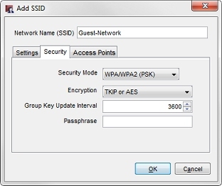 Capture d'écran de la boîte de dialogue Ajouter un SSID avec les paramètres du mode de sécurité WPA/WPA2 (PSK)