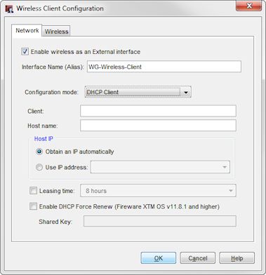 Configuration de client sans fil, option DHCP sélectionnée