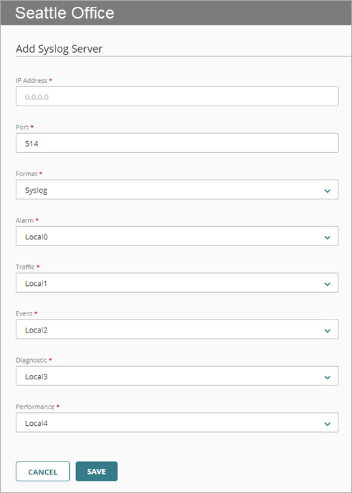 Screen shot of Device Configuration, Add Syslog Server