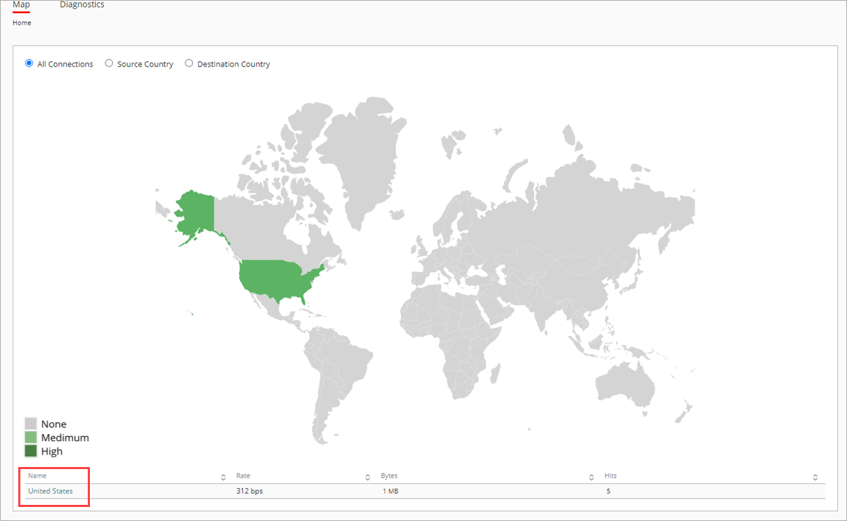 Screen shot of WatchGuard Cloud, Live Status, Geolocation connections