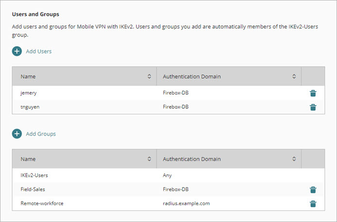 Screen shot of the Users and Groups settings with users and groups added