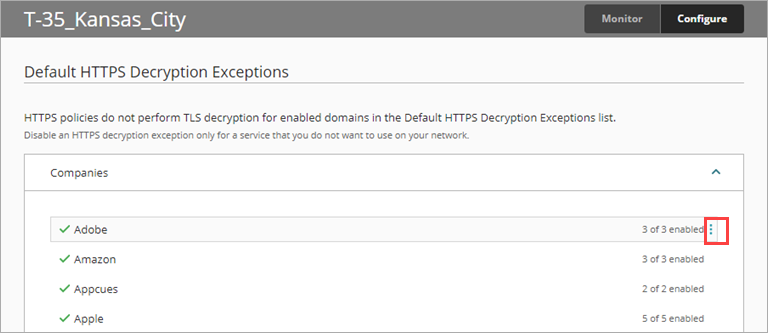 Screen shot of WatchGuard Cloud Exceptions, Manage HTTPS Decryption Exceptions page