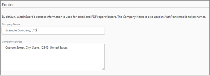 Screen shot of the Footer section on the WatchGuard Cloud Branding page