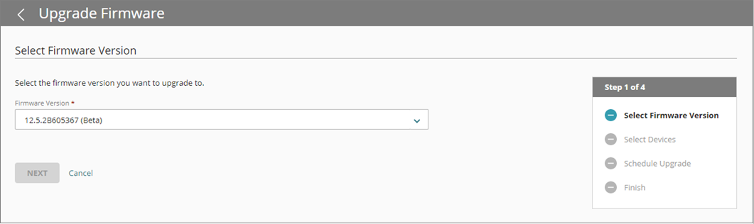Screen shot of Upgrade Firmware wizard, Select Firmware Version