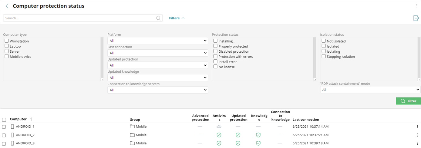 Screen shot of the Computer Protection Status list