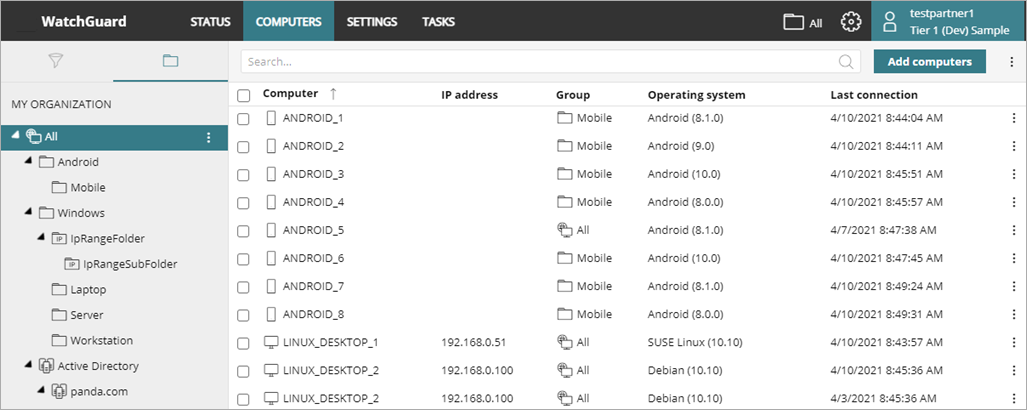 Screen shot of WatchGuard Endpoint Security, Computers list