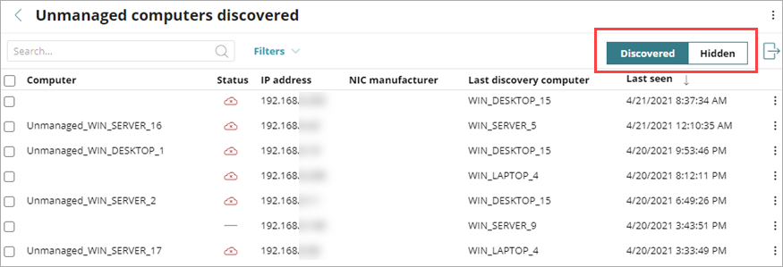 Screen shot of WatchGuard Endpoint Security, Unmanaged Computers Discovered list