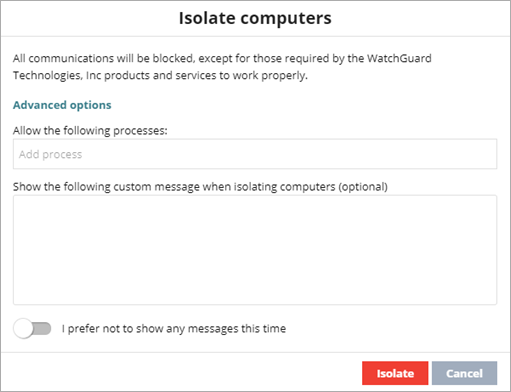 Screen shot of WatchGuard Endpoint Security, Isolate Computers advanced options