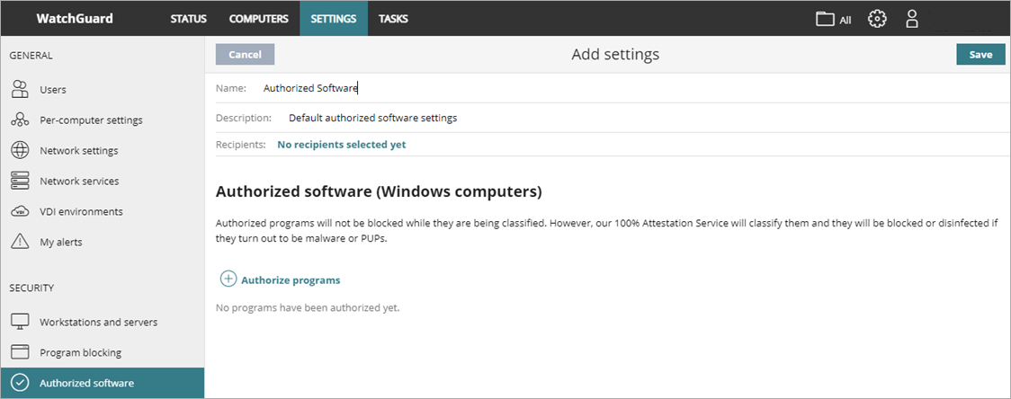 Screen shot of WatchGuard Endpoint Security, Authorized Software settings