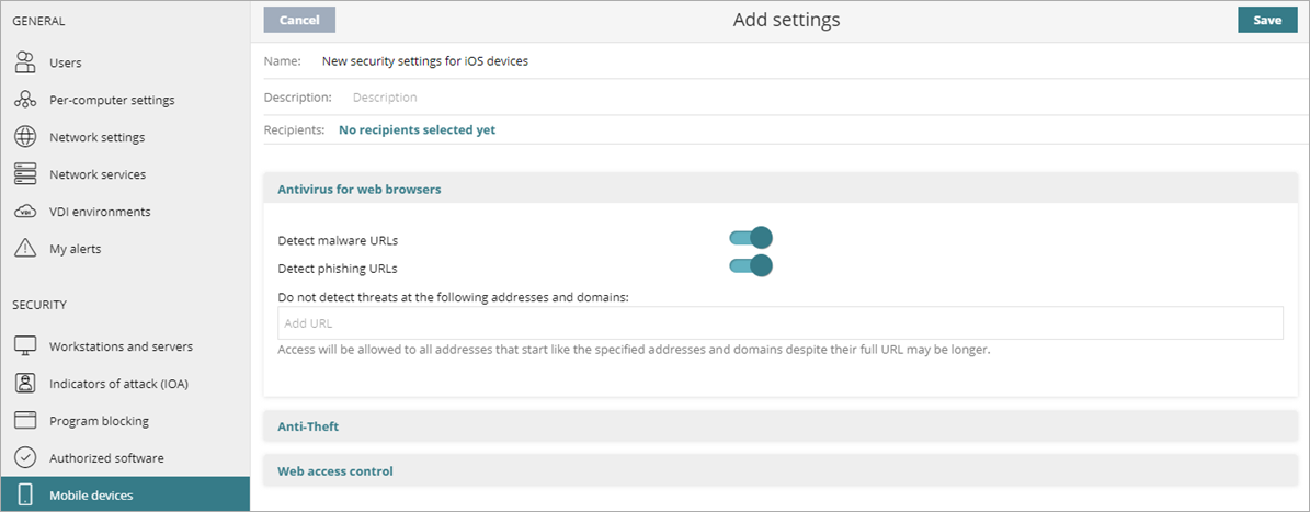 Screen shot of WatchGuard Endpoint Security, iOS device settings