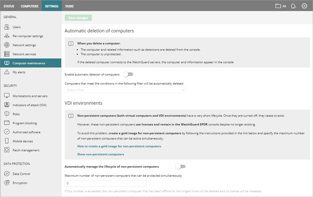 Screen shot of WatchGuard Endpoint Security, VDI Environments settings