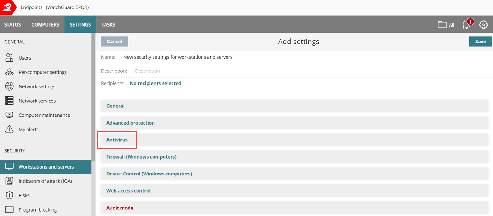 Screen shot of WatchGuard Endpoint Security, Add settings page