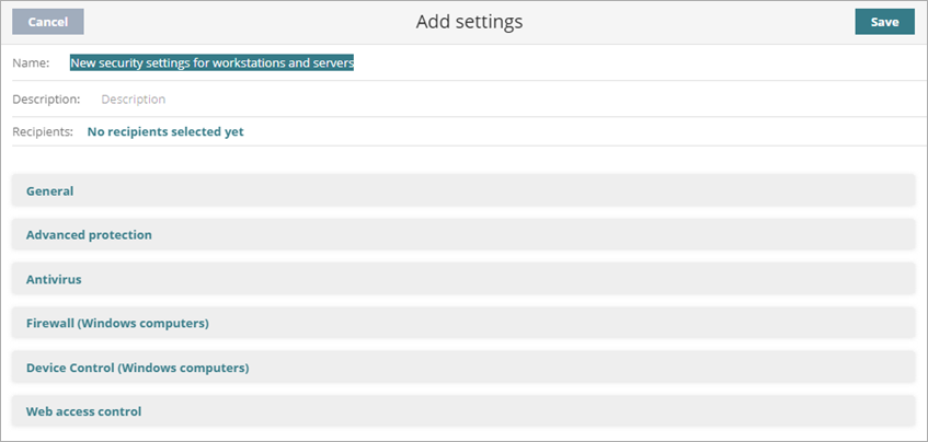 Screen shot of WatchGuard Endpoint Security, Add Settings dialog box